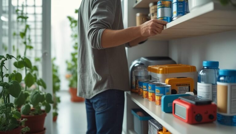 A modern prepping scene showing a realistic home environment. A person is organizing emergency supplies on a shelf